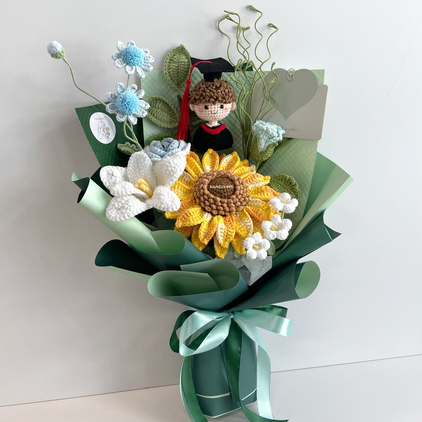 handicroft handmade crochet green graduation flower bouquet roots to horizons