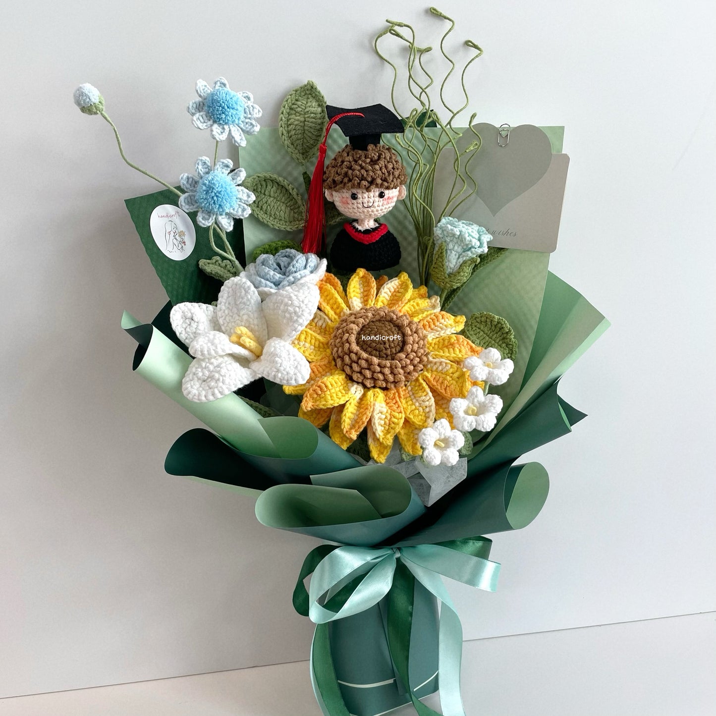 handicroft handmade crochet green graduation flower bouquet roots to horizons