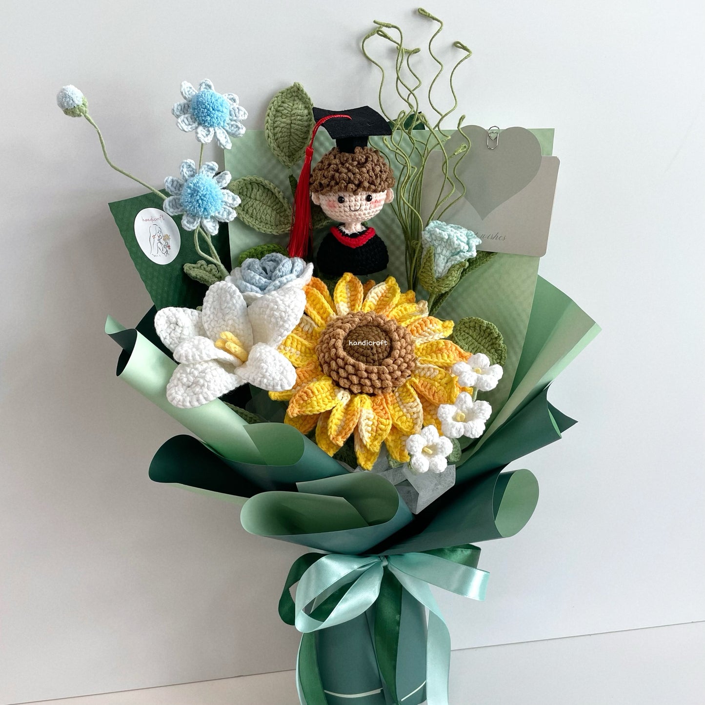 handicroft handmade crochet green graduation flower bouquet roots to horizons