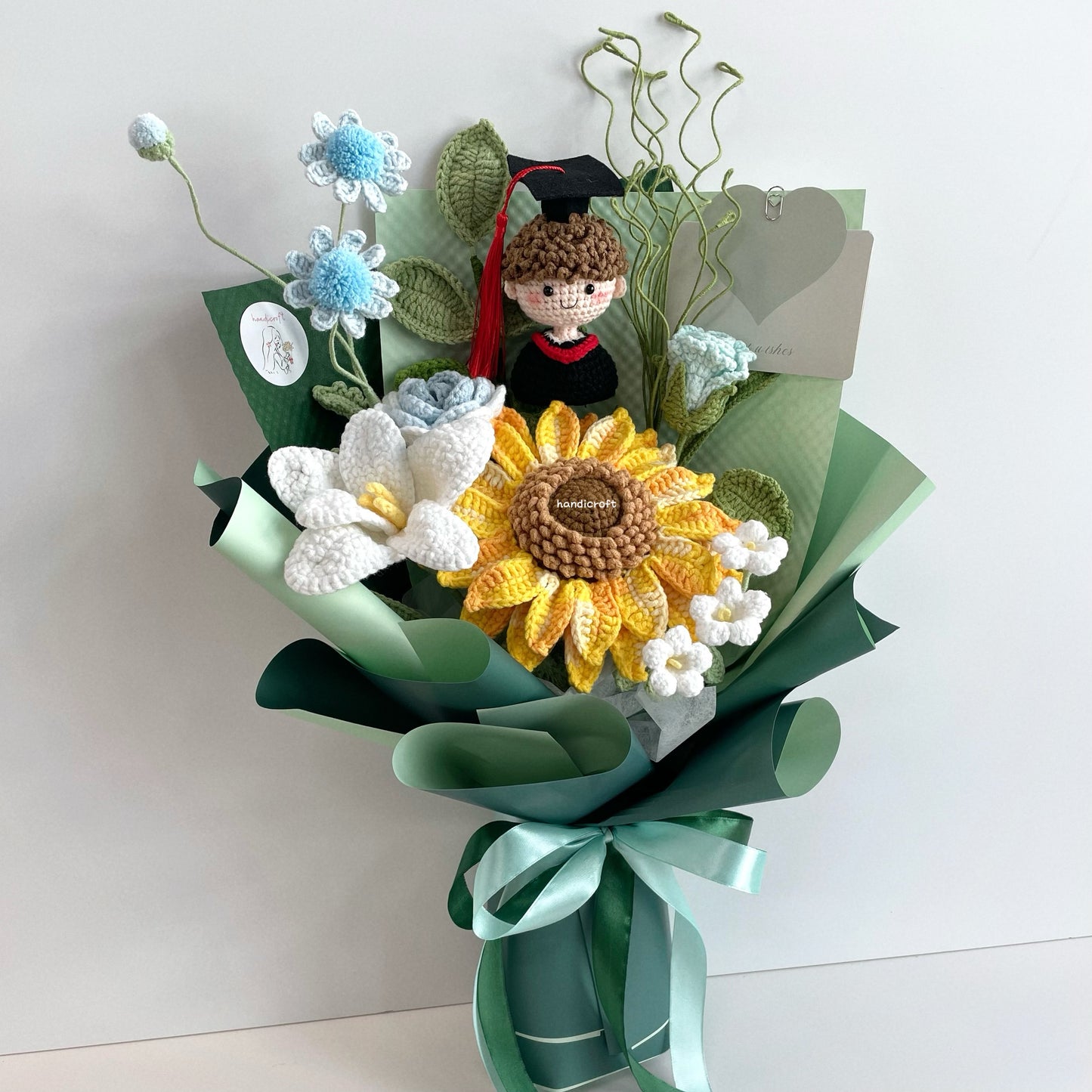 handicroft handmade crochet green graduation flower bouquet roots to horizons