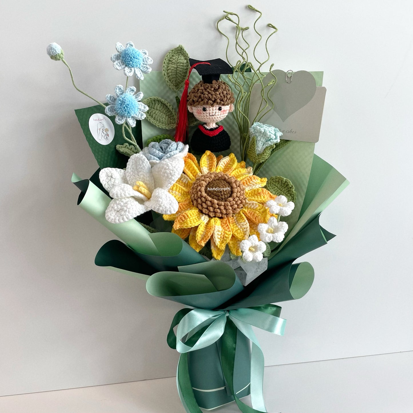 handicroft handmade crochet green graduation flower bouquet roots to horizons