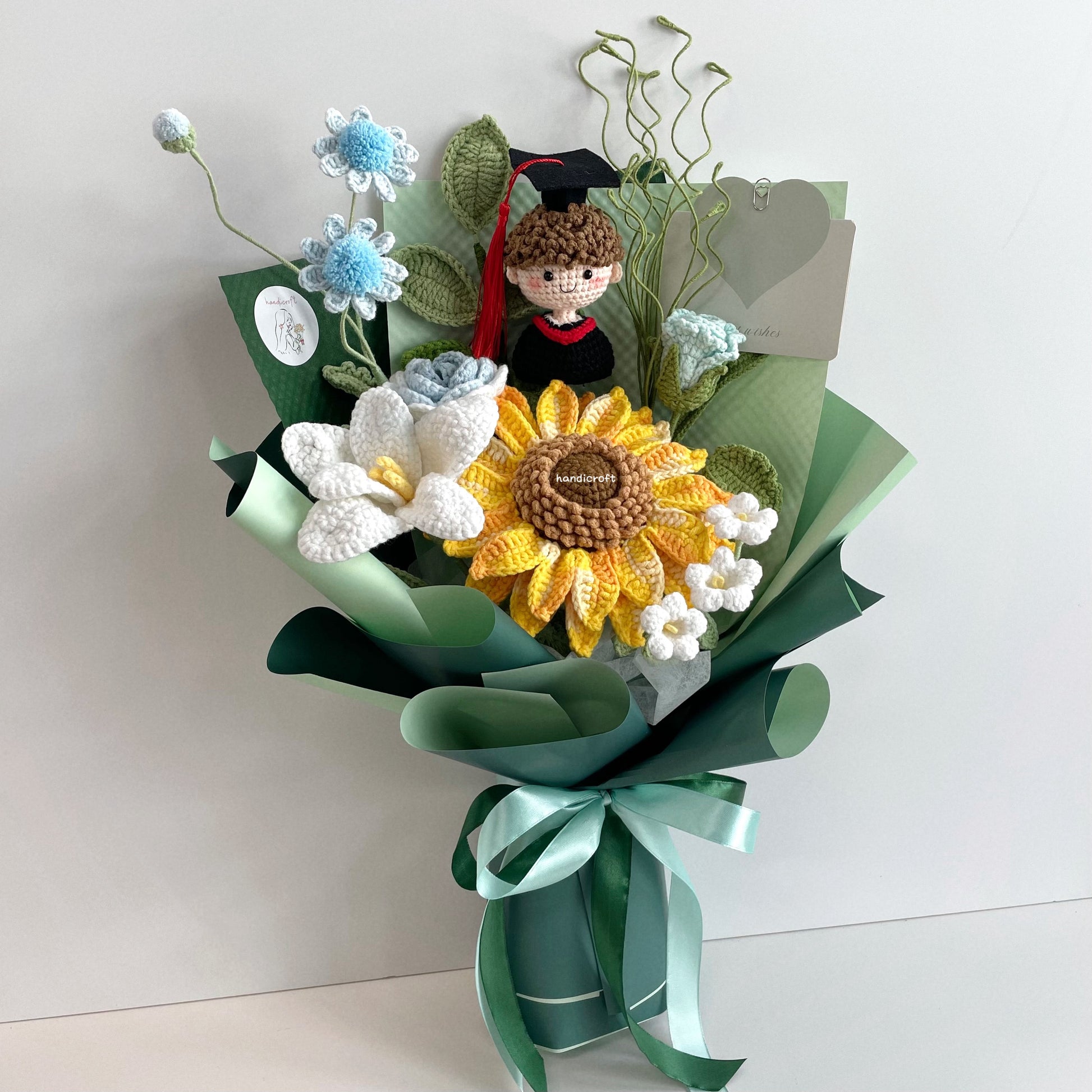 handicroft handmade crochet green graduation flower bouquet roots to horizons