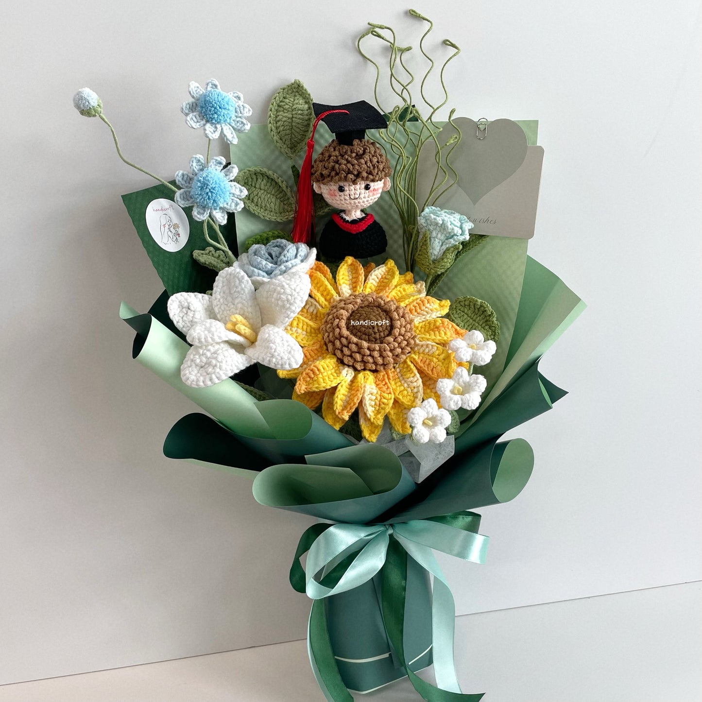 handicroft handmade crochet green graduation flower bouquet roots to horizons