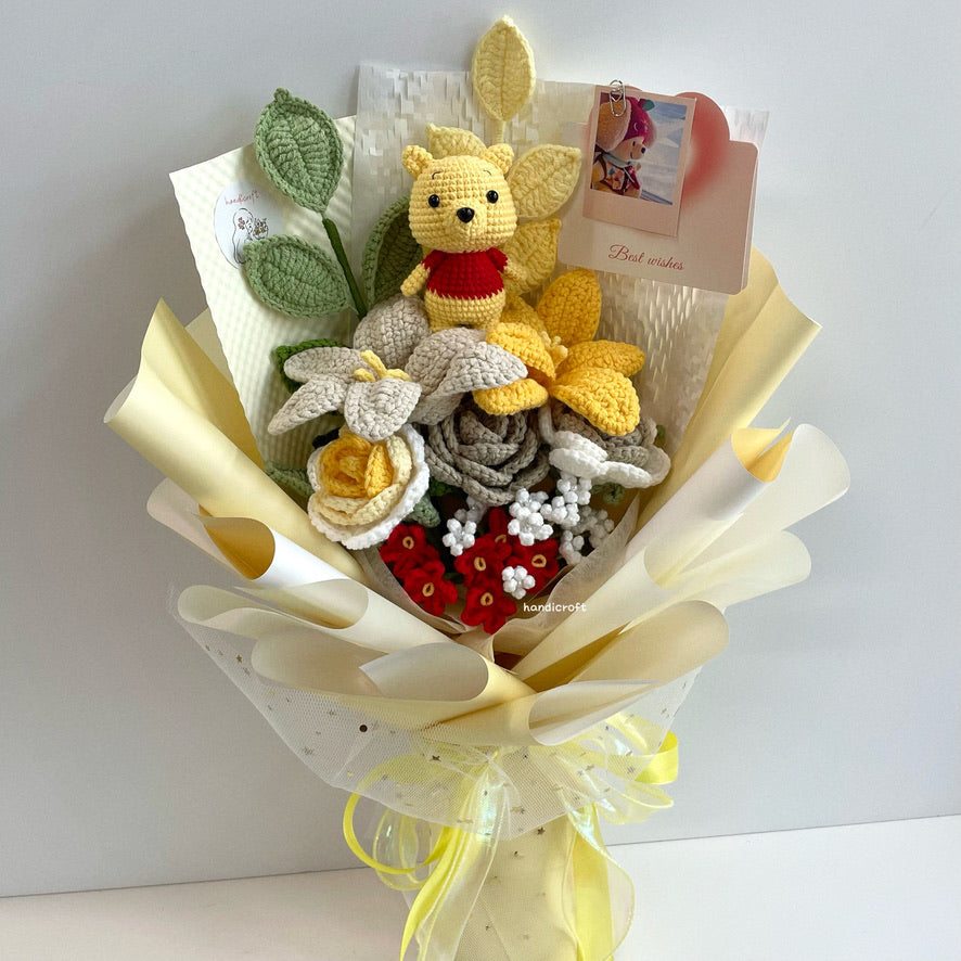 handicroft handmade crochet honey bear flower bouquet honey cream