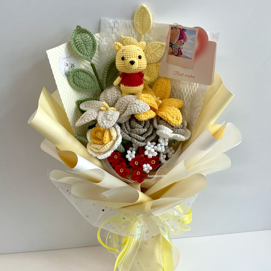 handicroft handmade crochet honey bear flower bouquet honey cream