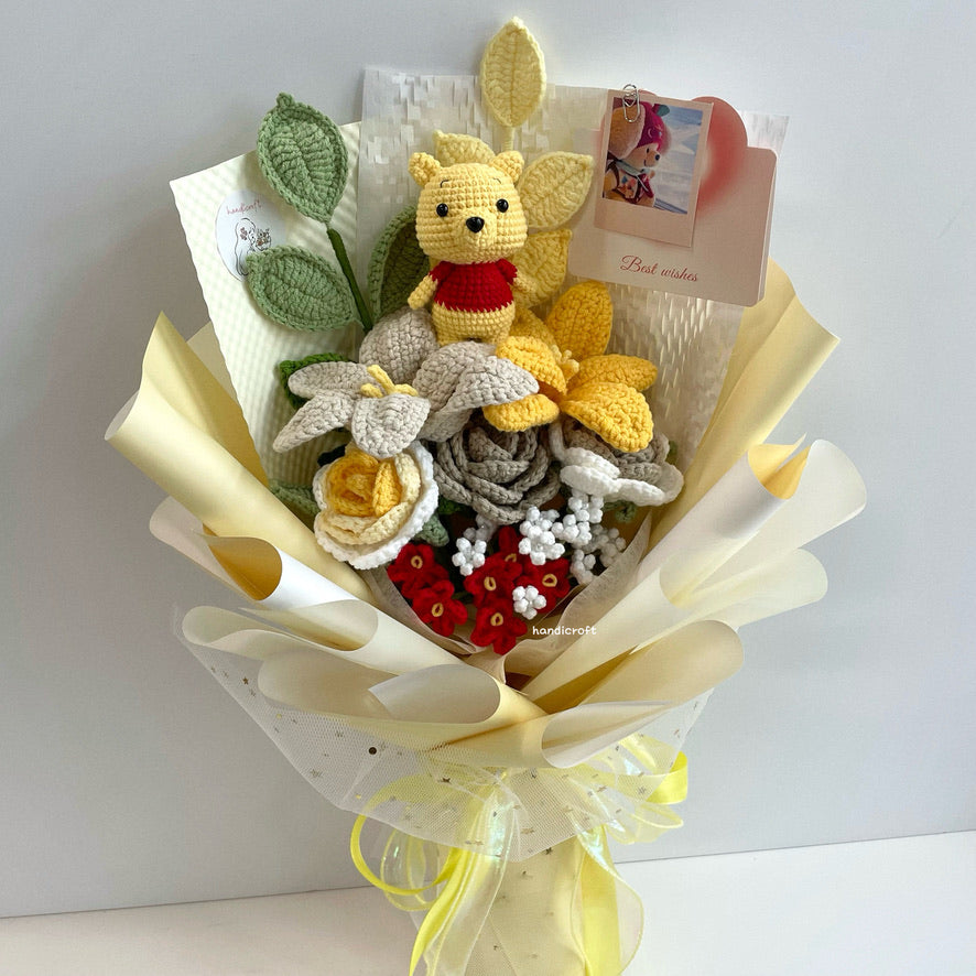 handicroft handmade crochet honey bear flower bouquet honey cream