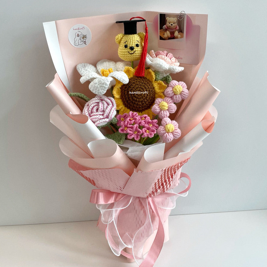 handicroft handmade crochet honey bear flower bouquet sunshine & hunny pink