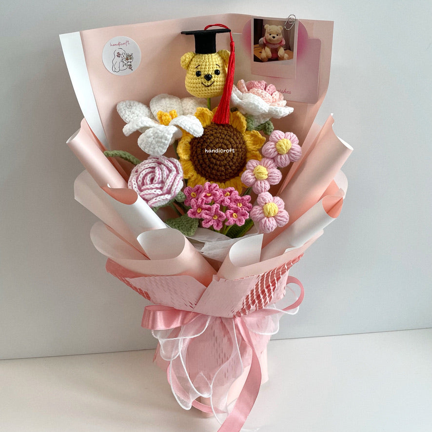 handicroft handmade crochet honey bear flower bouquet sunshine & hunny pink