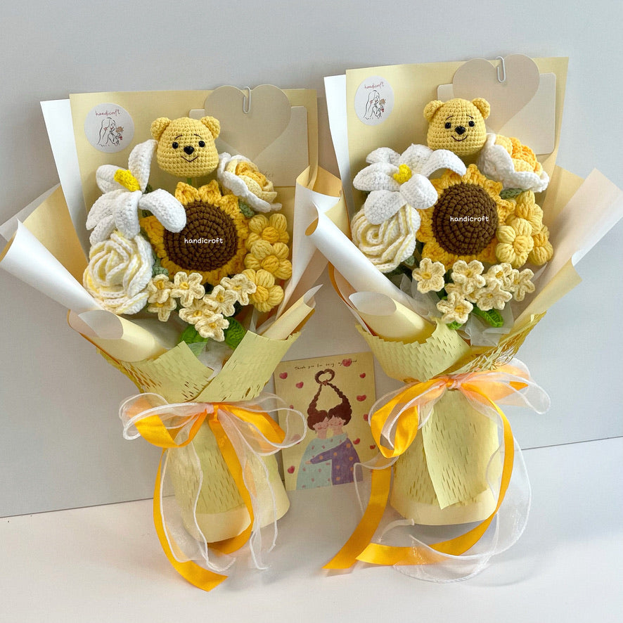 handicroft handmade crochet honey bear flower bouquet sunshine & hunny yellow