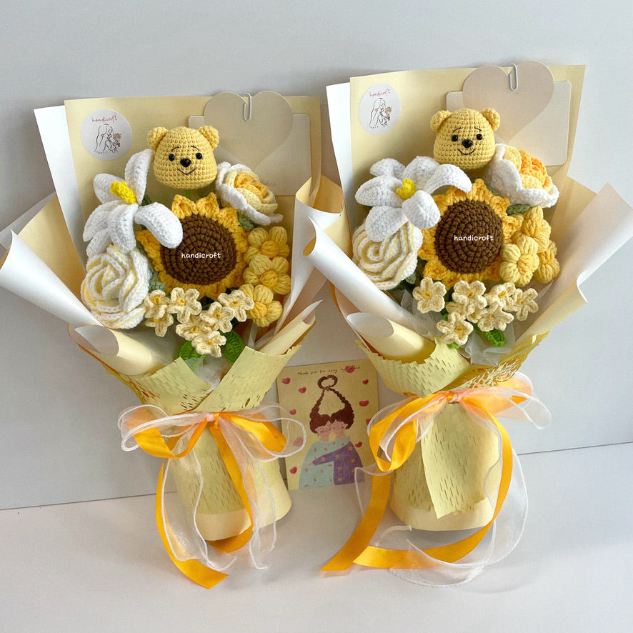 handicroft handmade crochet honey bear flower bouquet sunshine & hunny yellow