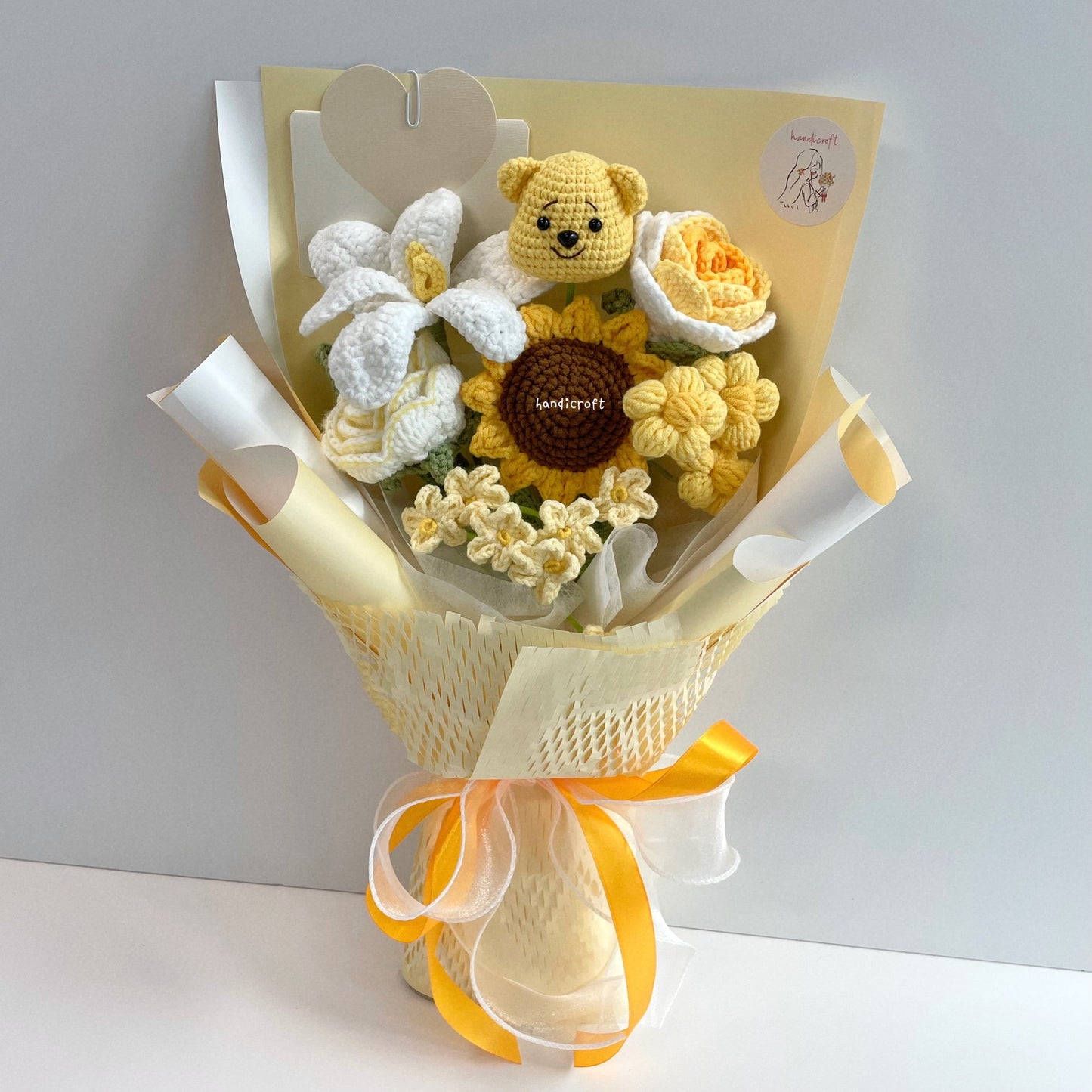 handicroft handmade crochet honey bear flower bouquet sunshine & hunny yellow