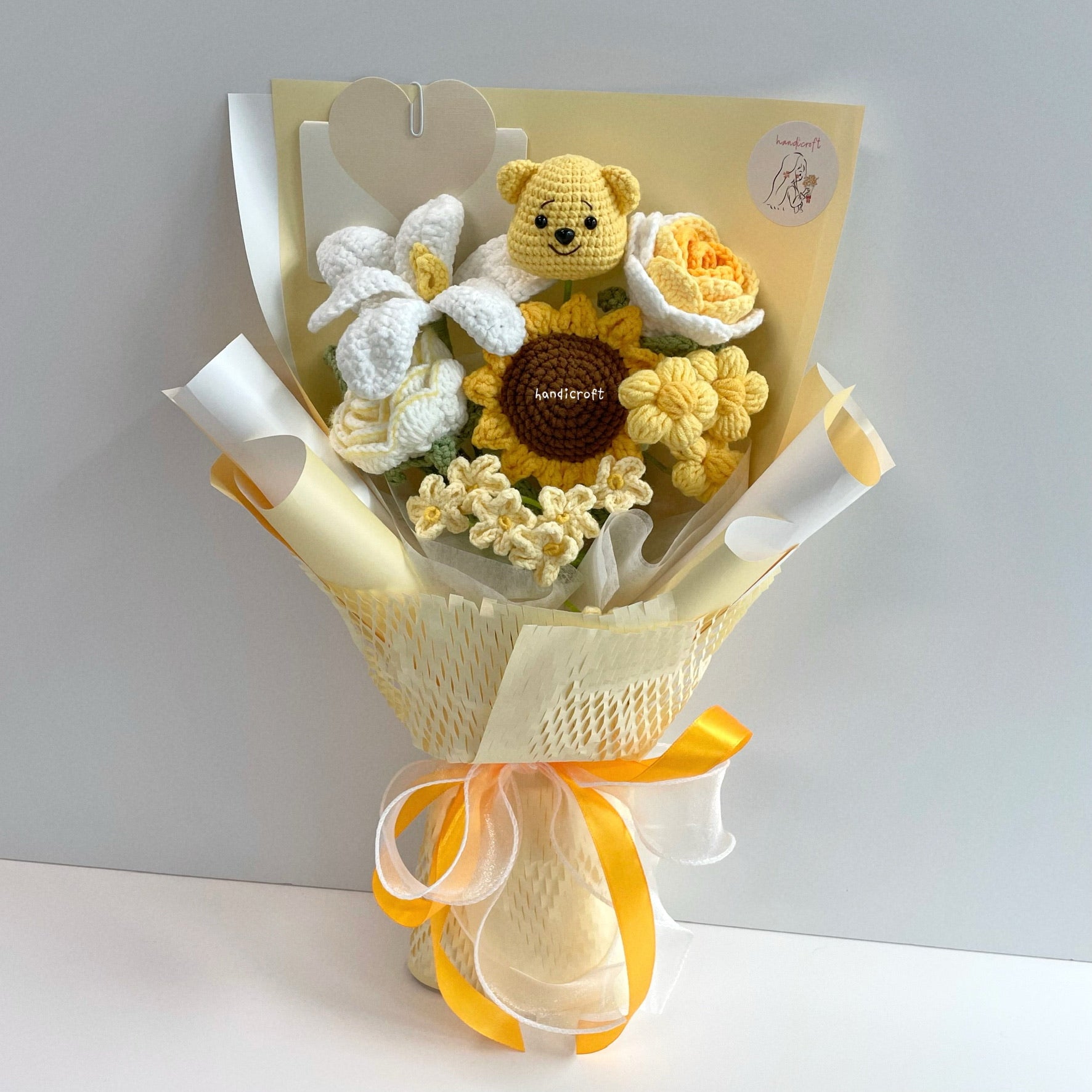 handicroft handmade crochet honey bear flower bouquet sunshine & hunny yellow