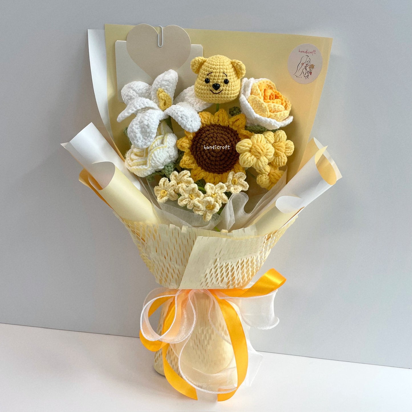 handicroft handmade crochet honey bear flower bouquet sunshine & hunny yellow