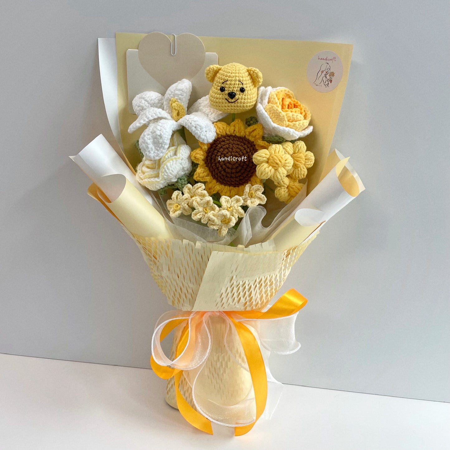 handicroft handmade crochet honey bear flower bouquet sunshine & hunny yellow