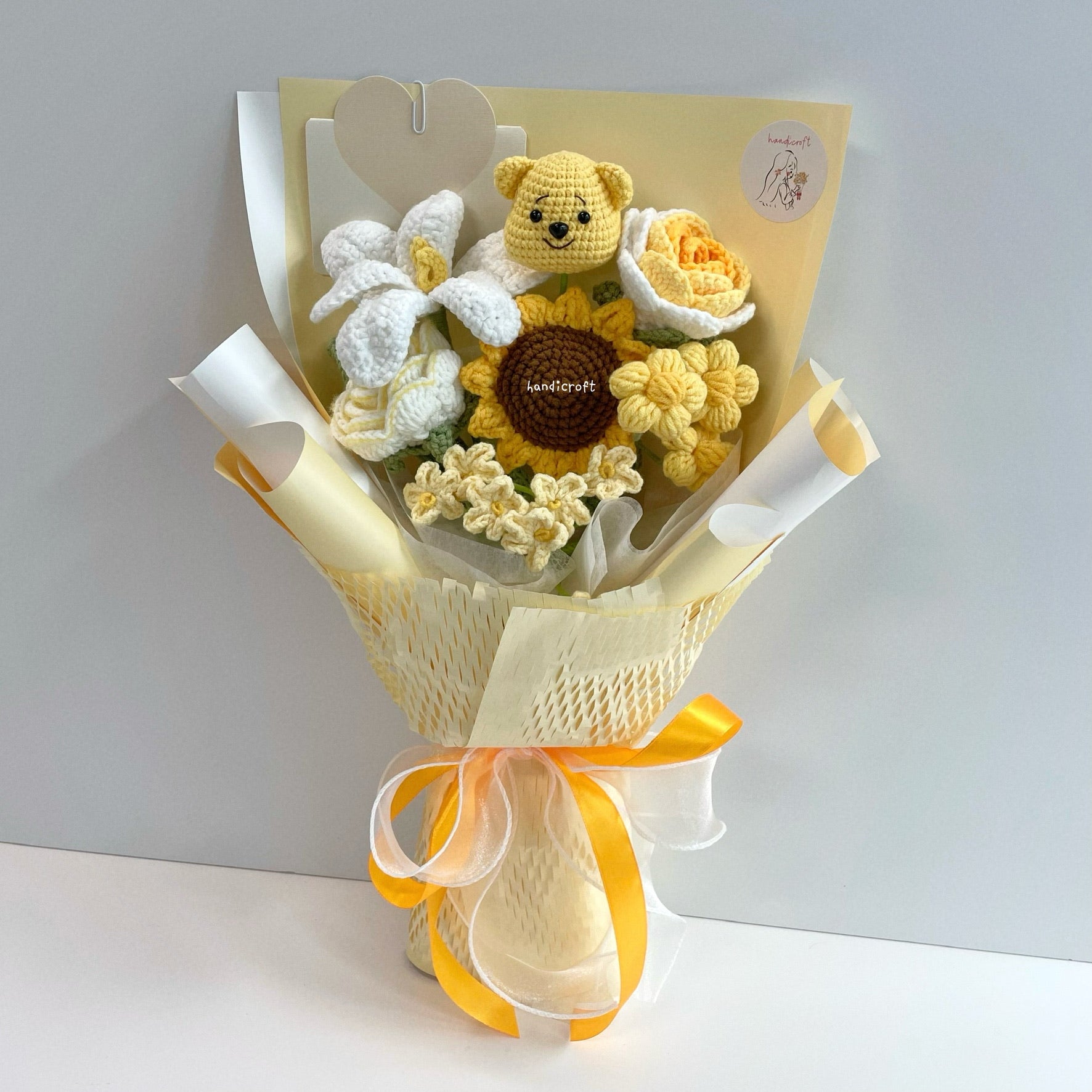 handicroft handmade crochet honey bear flower bouquet sunshine & hunny yellow