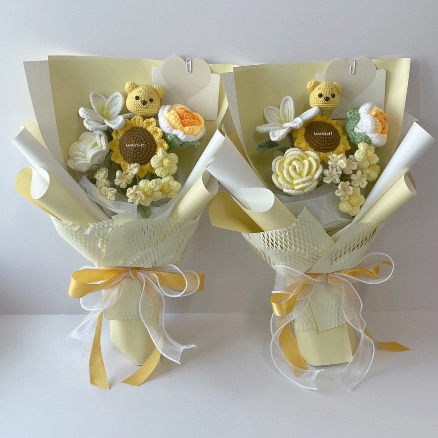 handicroft handmade crochet honey bear flower bouquet sunshine & hunny yellow