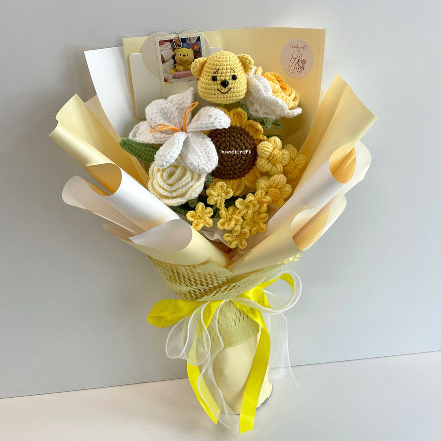 handicroft handmade crochet honey bear flower bouquet sunshine & hunny yellow