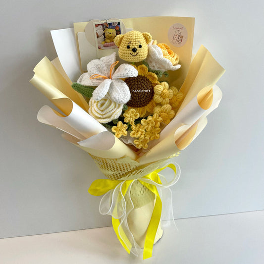 handicroft handmade crochet honey bear flower bouquet sunshine & hunny yellow