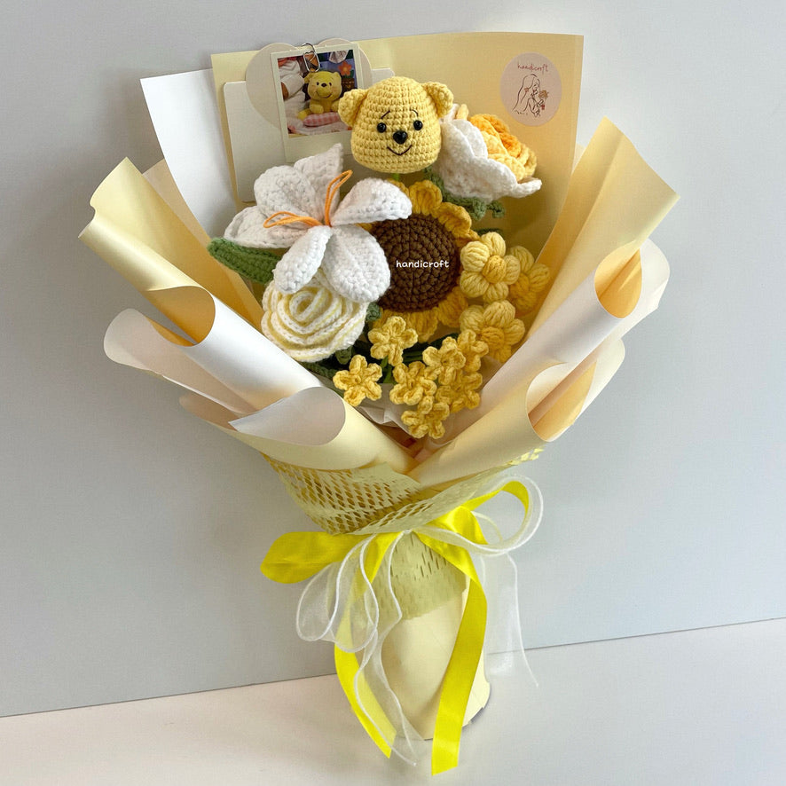 handicroft handmade crochet honey bear flower bouquet sunshine & hunny yellow