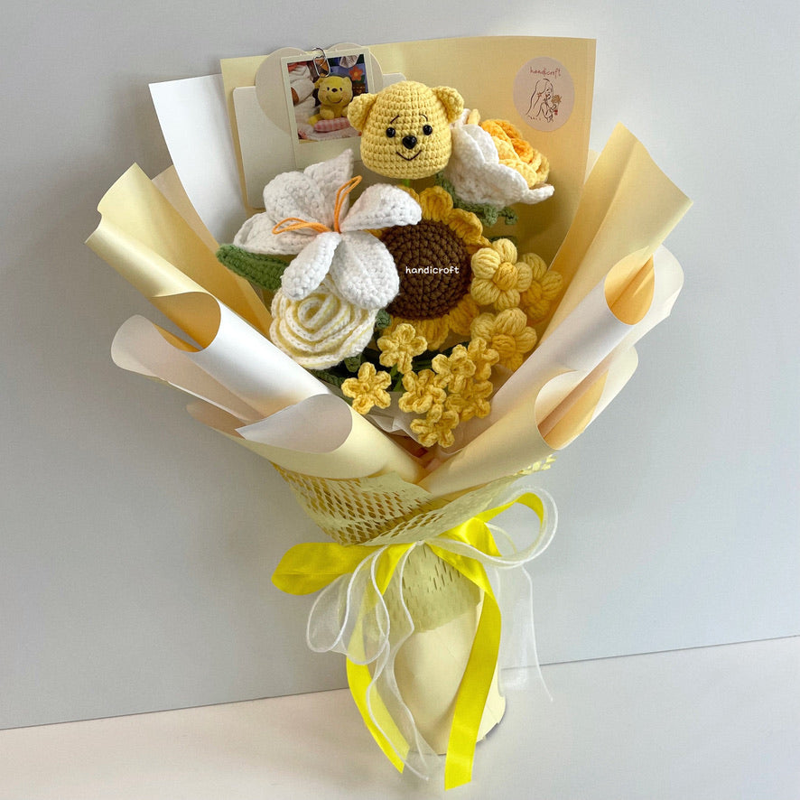 handicroft handmade crochet honey bear flower bouquet sunshine & hunny yellow