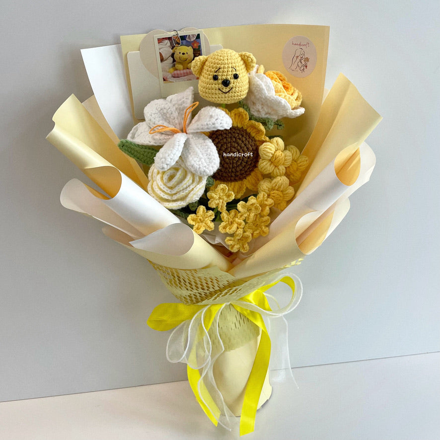 handicroft handmade crochet honey bear flower bouquet sunshine & hunny yellow
