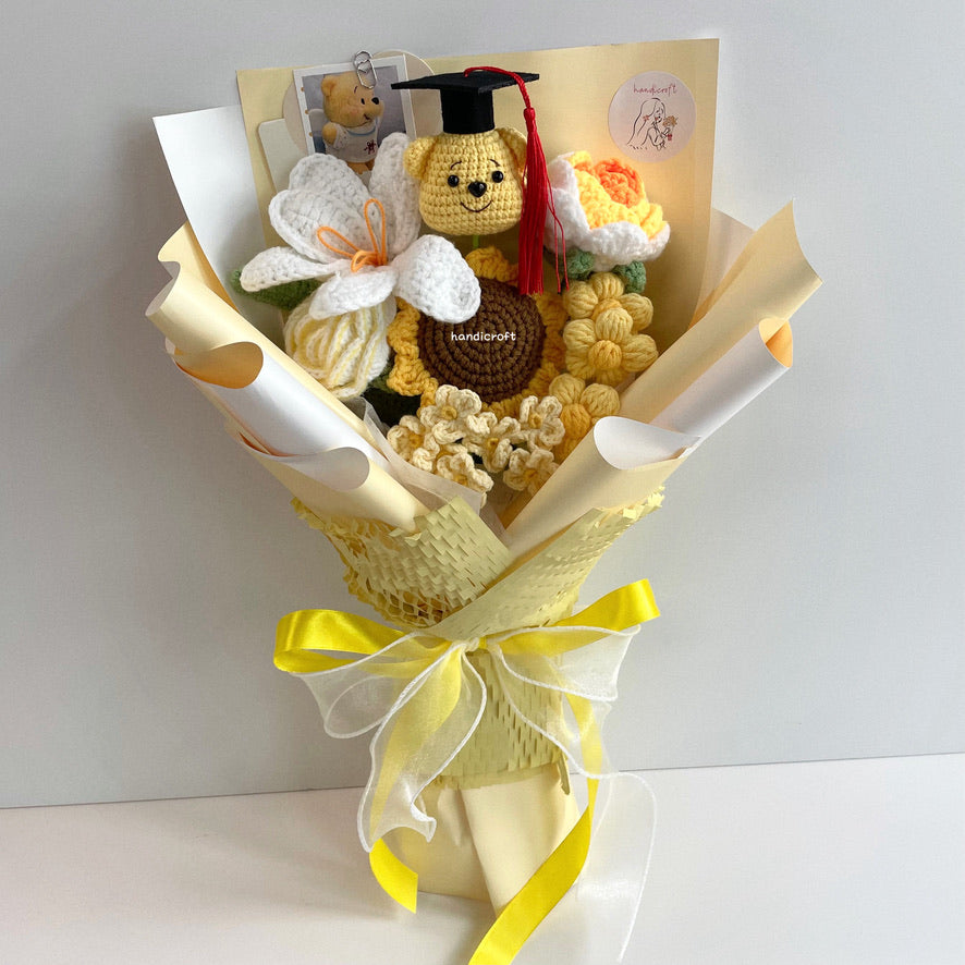 handicroft handmade crochet honey bear flower bouquet sunshine & hunny yellow