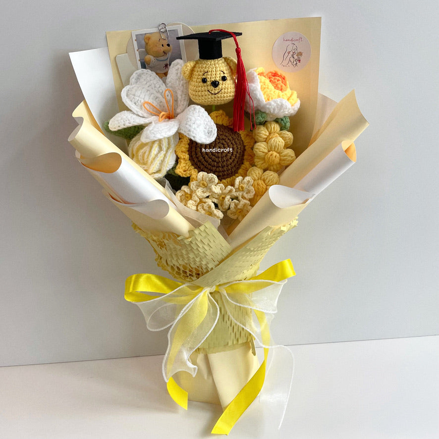 handicroft handmade crochet honey bear flower bouquet sunshine & hunny yellow