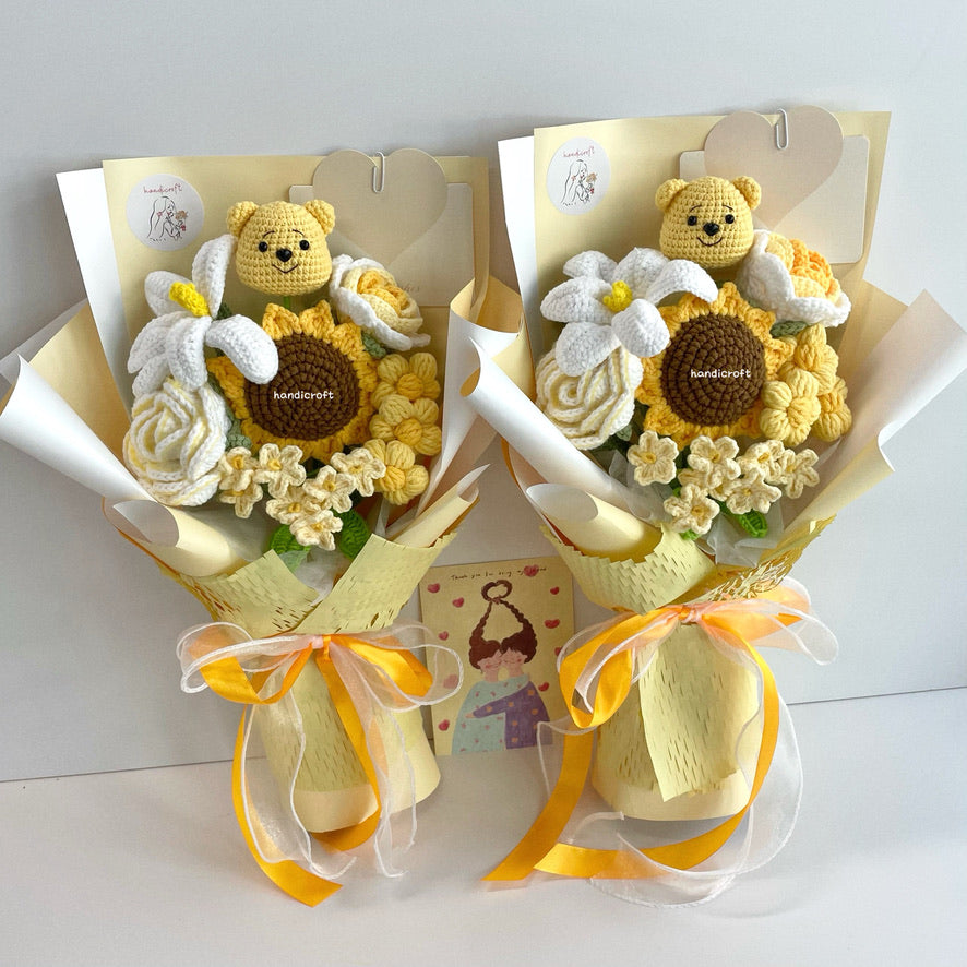 handicroft handmade crochet honey bear flower bouquet sunshine & hunny yellow
