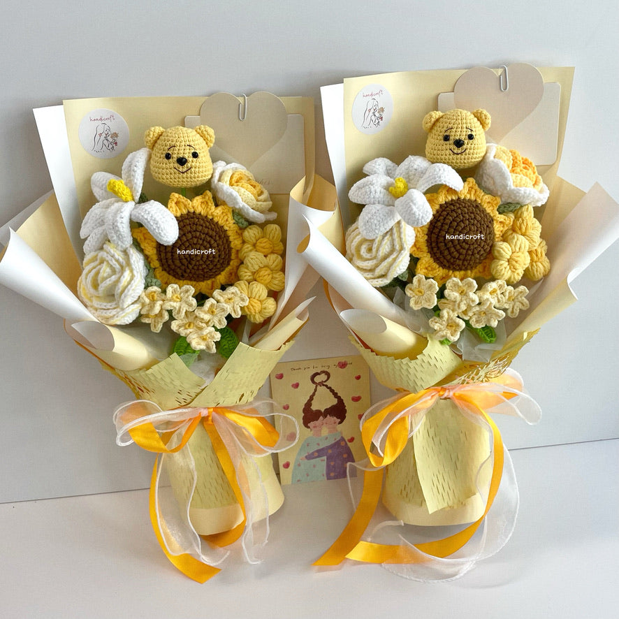 handicroft handmade crochet honey bear flower bouquet sunshine & hunny yellow