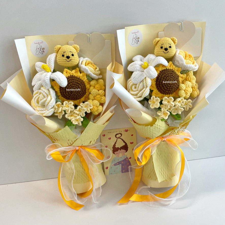 handicroft handmade crochet honey bear flower bouquet sunshine & hunny yellow