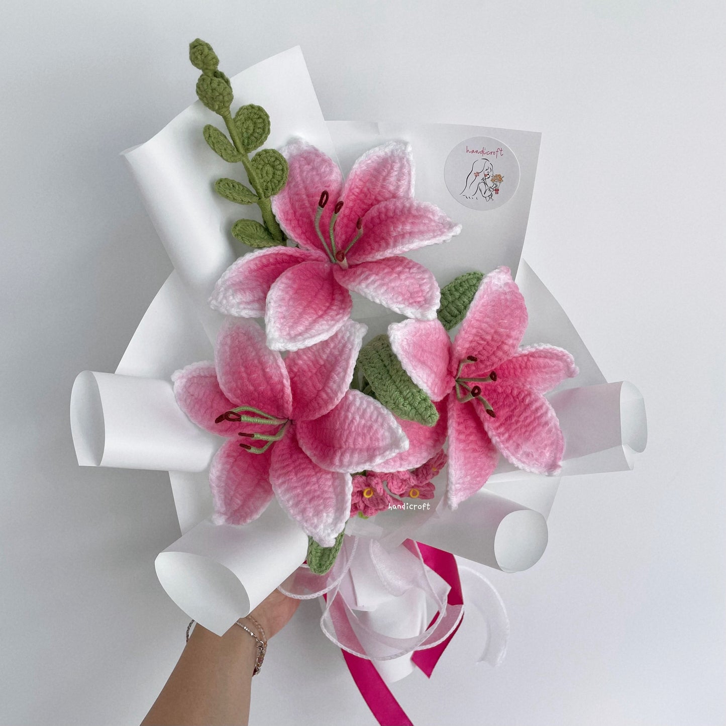 handicroft handmade crochet hot pink lily flower bouquet lily love promise
