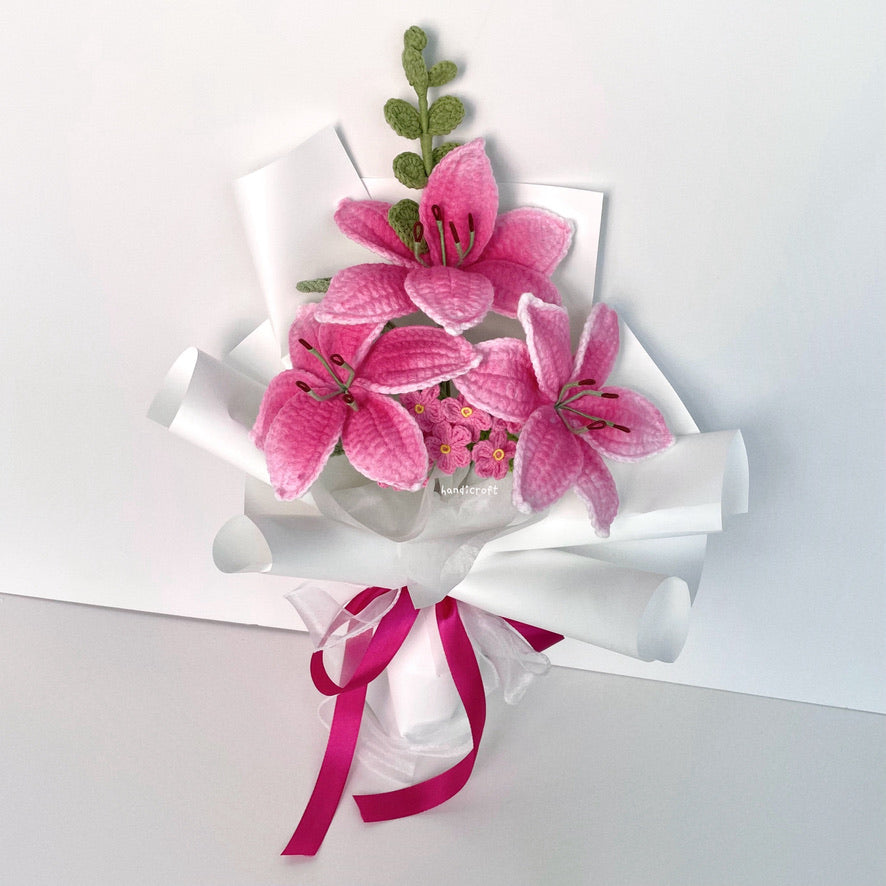 handicroft handmade crochet hot pink lily flower bouquet lily love promise