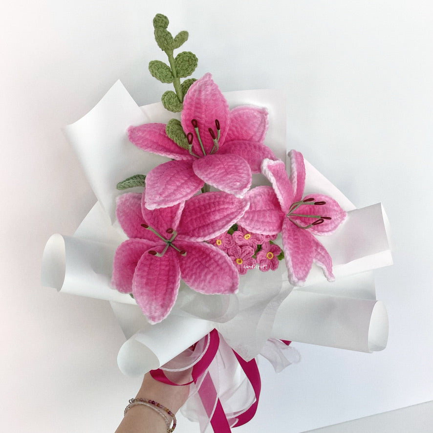 handicroft handmade crochet hot pink lily flower bouquet lily love promise