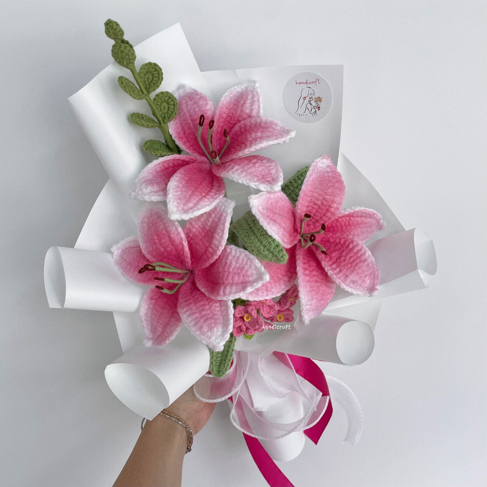 handicroft handmade crochet hot pink lily flower bouquet lily love promise