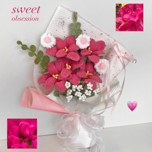 handicroft handmade crochet hot pink open tulips flower bouquet sweet obsession