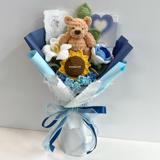 handicroft handmade crochet jellycat-inspired bartholomew bear flower bouquet beary special blue