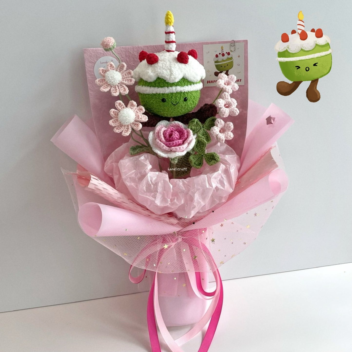 handicroft handmade crochet jellycat inspired birthday cake flower bouquet strawberry sweet slice matcha pink