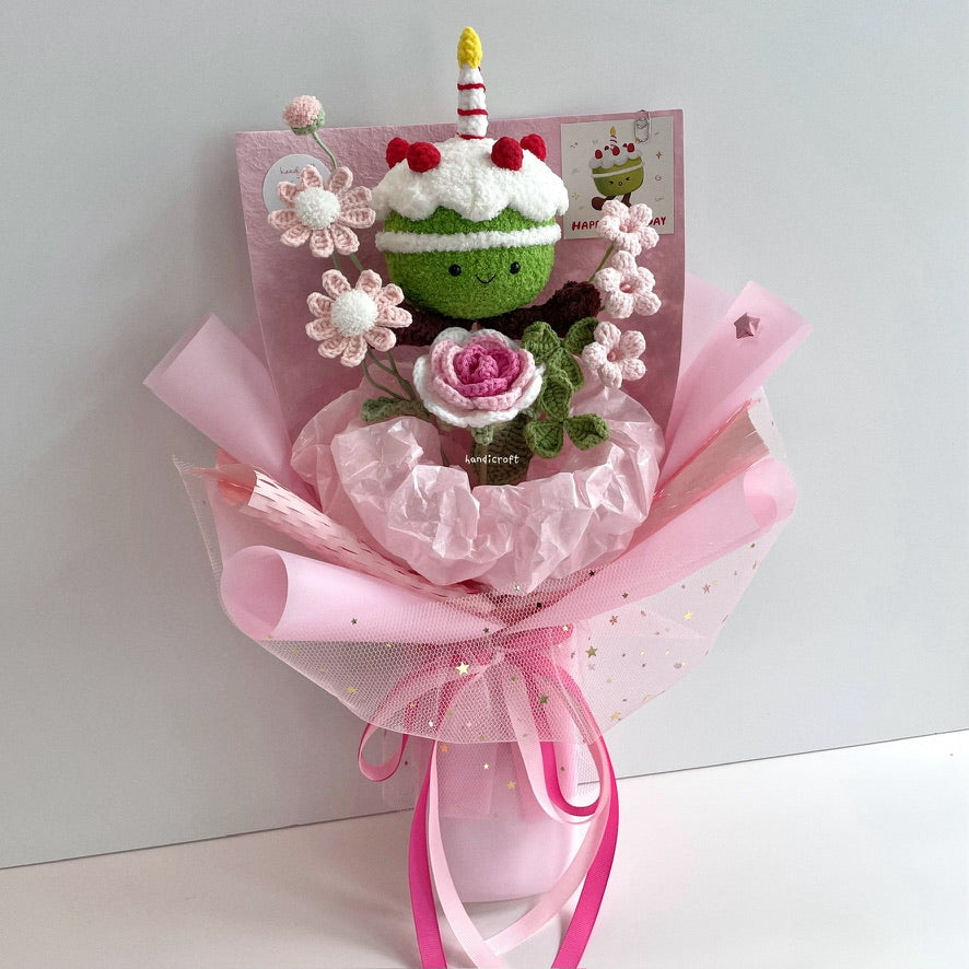handicroft handmade crochet jellycat inspired birthday cake flower bouquet strawberry sweet slice matcha pink