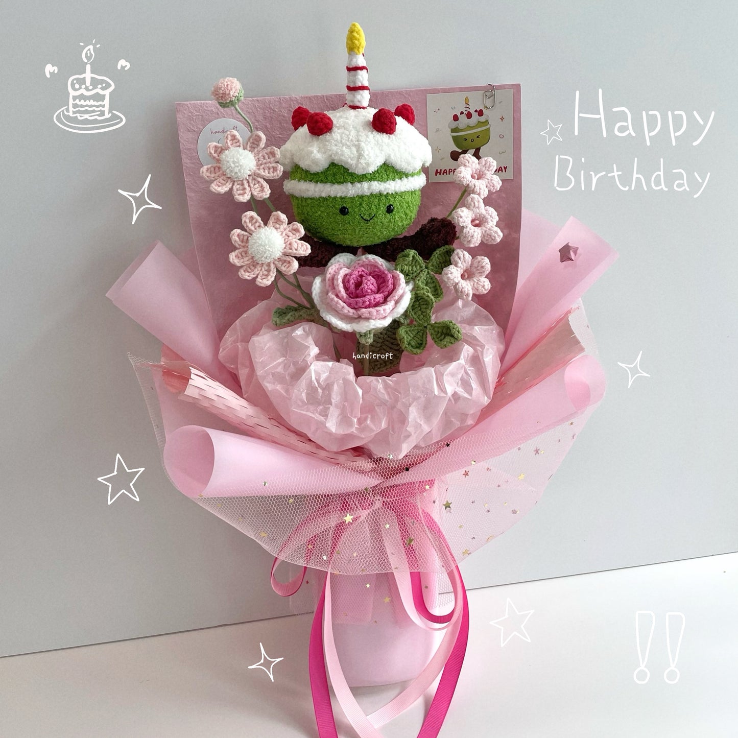 handicroft handmade crochet jellycat inspired birthday cake flower bouquet strawberry sweet slice matcha pink