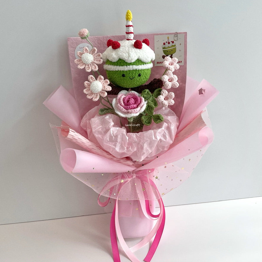 handicroft handmade crochet jellycat inspired birthday cake flower bouquet strawberry sweet slice matcha pink