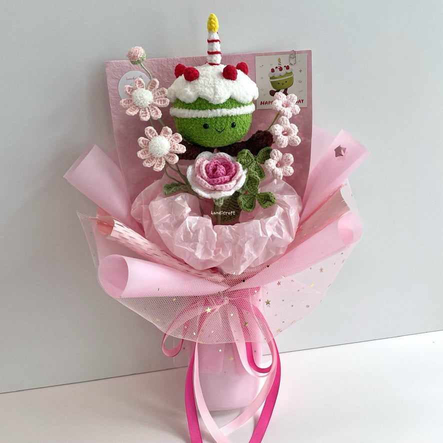 handicroft handmade crochet jellycat inspired birthday cake flower bouquet strawberry sweet slice matcha pink