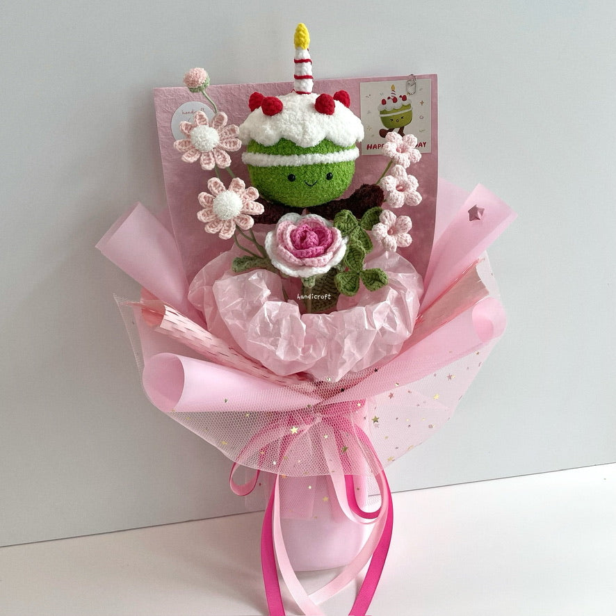 handicroft handmade crochet jellycat inspired birthday cake flower bouquet strawberry sweet slice matcha pink