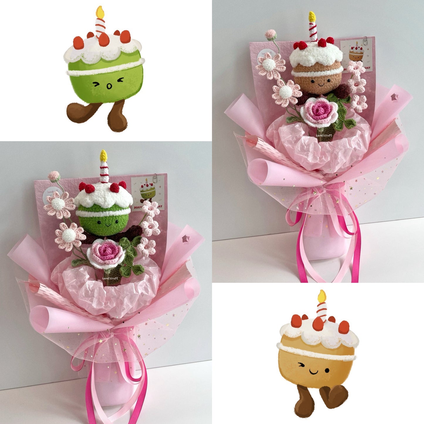 handicroft handmade crochet jellycat inspired birthday cake flower bouquet strawberry sweet slice vanilla & matcha pink