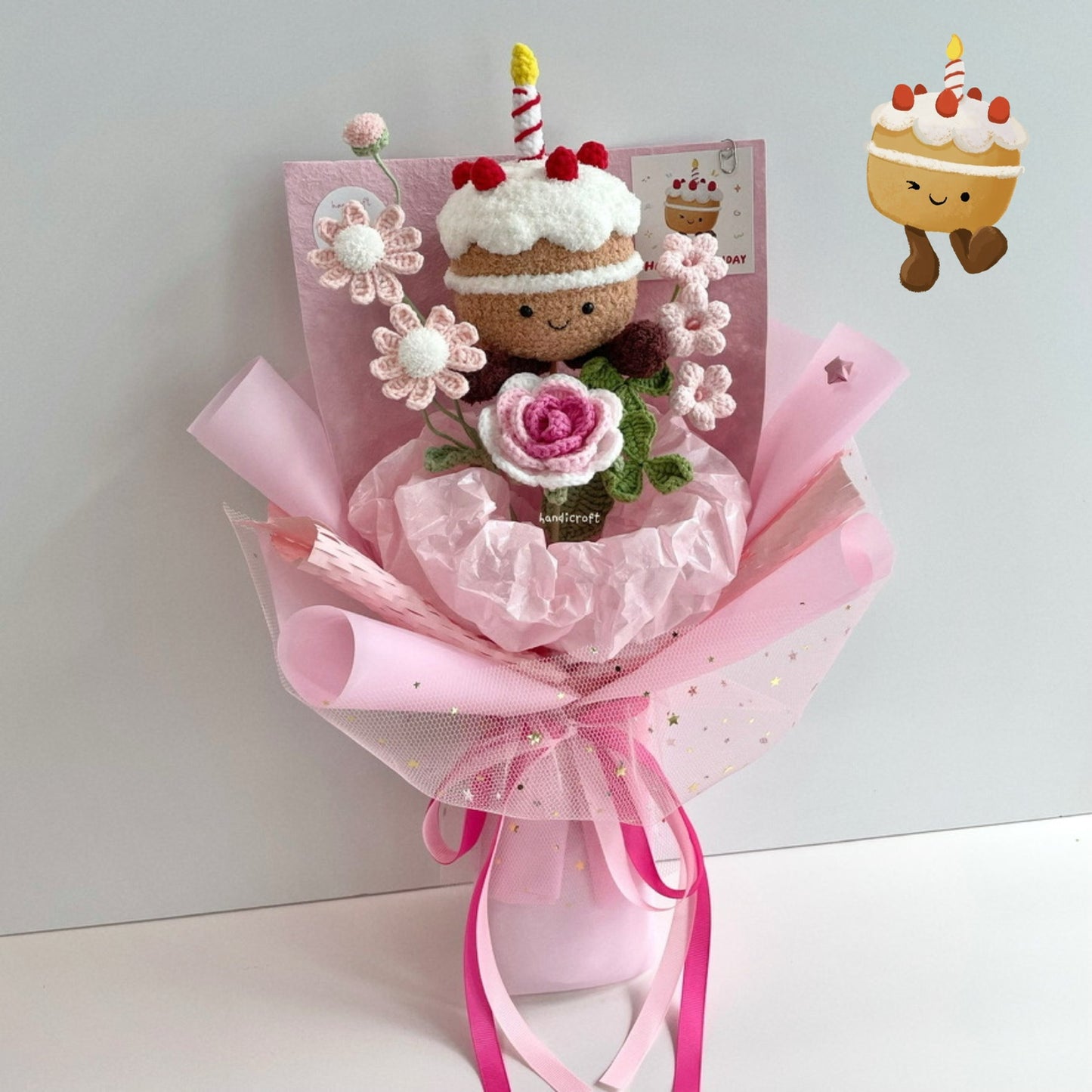 handicroft handmade crochet jellycat inspired birthday cake flower bouquet strawberry sweet slice vanilla pink