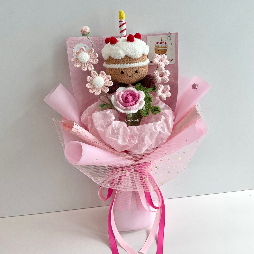 handicroft handmade crochet jellycat inspired birthday cake flower bouquet strawberry sweet slice vanilla pink