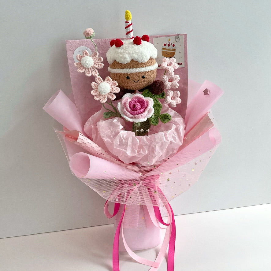 handicroft handmade crochet jellycat inspired birthday cake flower bouquet strawberry sweet slice vanilla pink