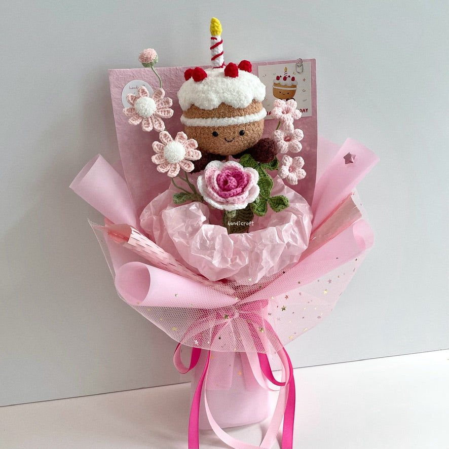 handicroft handmade crochet jellycat inspired birthday cake flower bouquet strawberry sweet slice vanilla pink