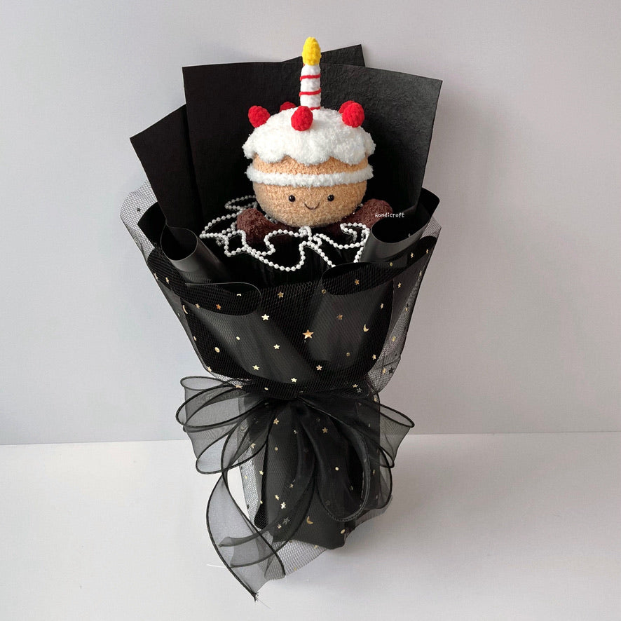 handicroft handmade crochet jellycat inspired cake flower bouquet black
