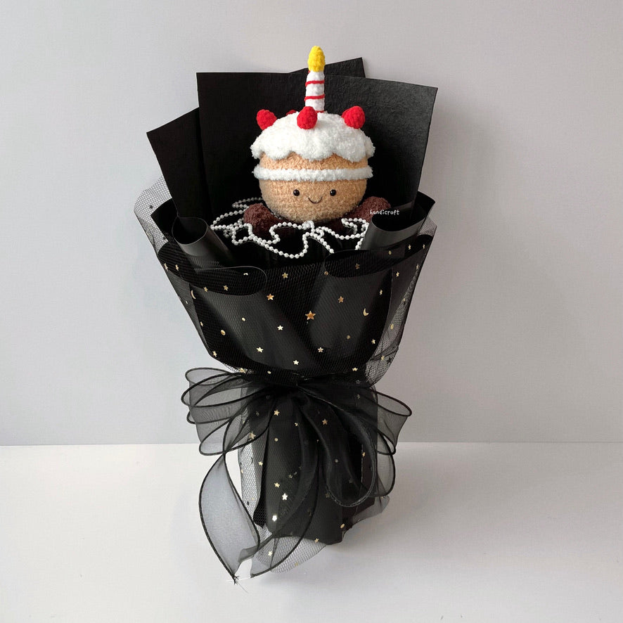 handicroft handmade crochet jellycat inspired cake flower bouquet black