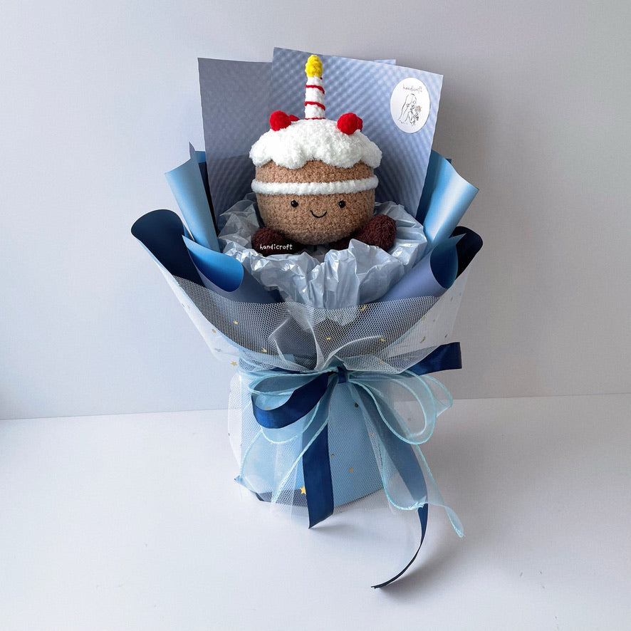 handicroft handmade crochet jellycat inspired cake flower bouquet blue